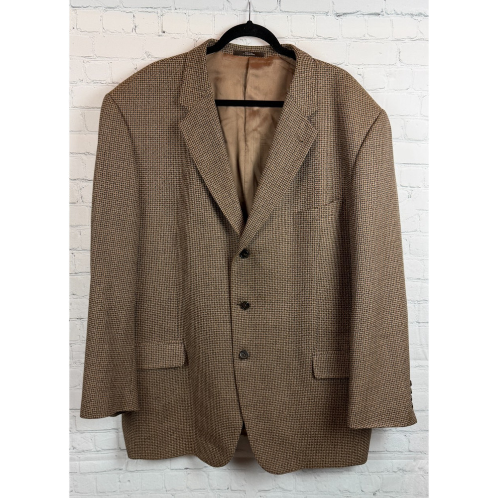 JOSEPH ABBOUD wool silk beige brown check houndstooth mens jacket blazer 50L
